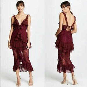 For Love and Lemons Daphne Lace Midi Ruffle Dress Burgundy Sz XS